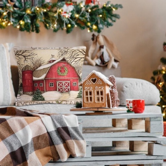 Holiday Pillow Cover Christmas Barn Country Neutral Linen Multicolor 18 X 18 in - Picture 3 of 14